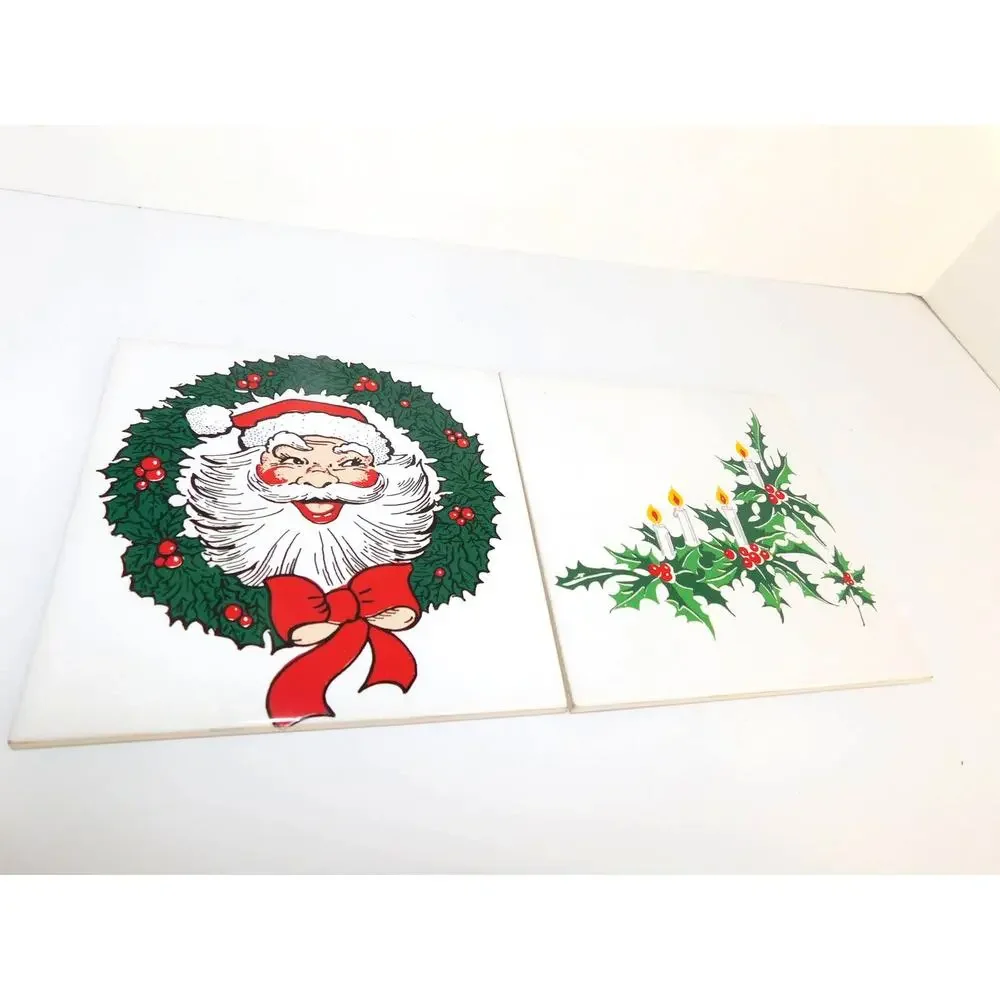 Vintage Jasco Christmas Holiday Ceramic Tile Trivets Santa Candle Set of 2